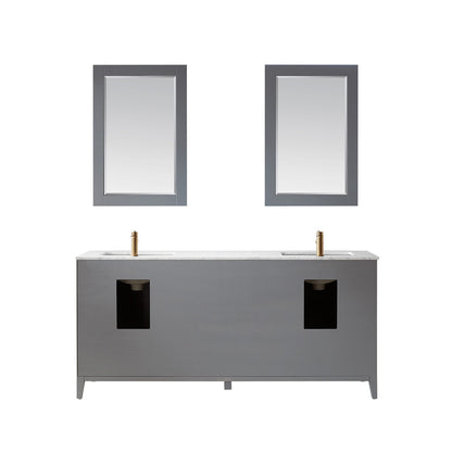 Sutton 72" Double Bathroom Vanity Set in Gray and Carrara White Marble Countertop with Mirror