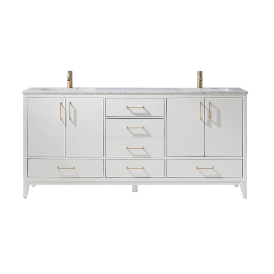 Sutton 72" Double Bathroom Vanity Set in White and Carrara White Marble Countertop without Mirror