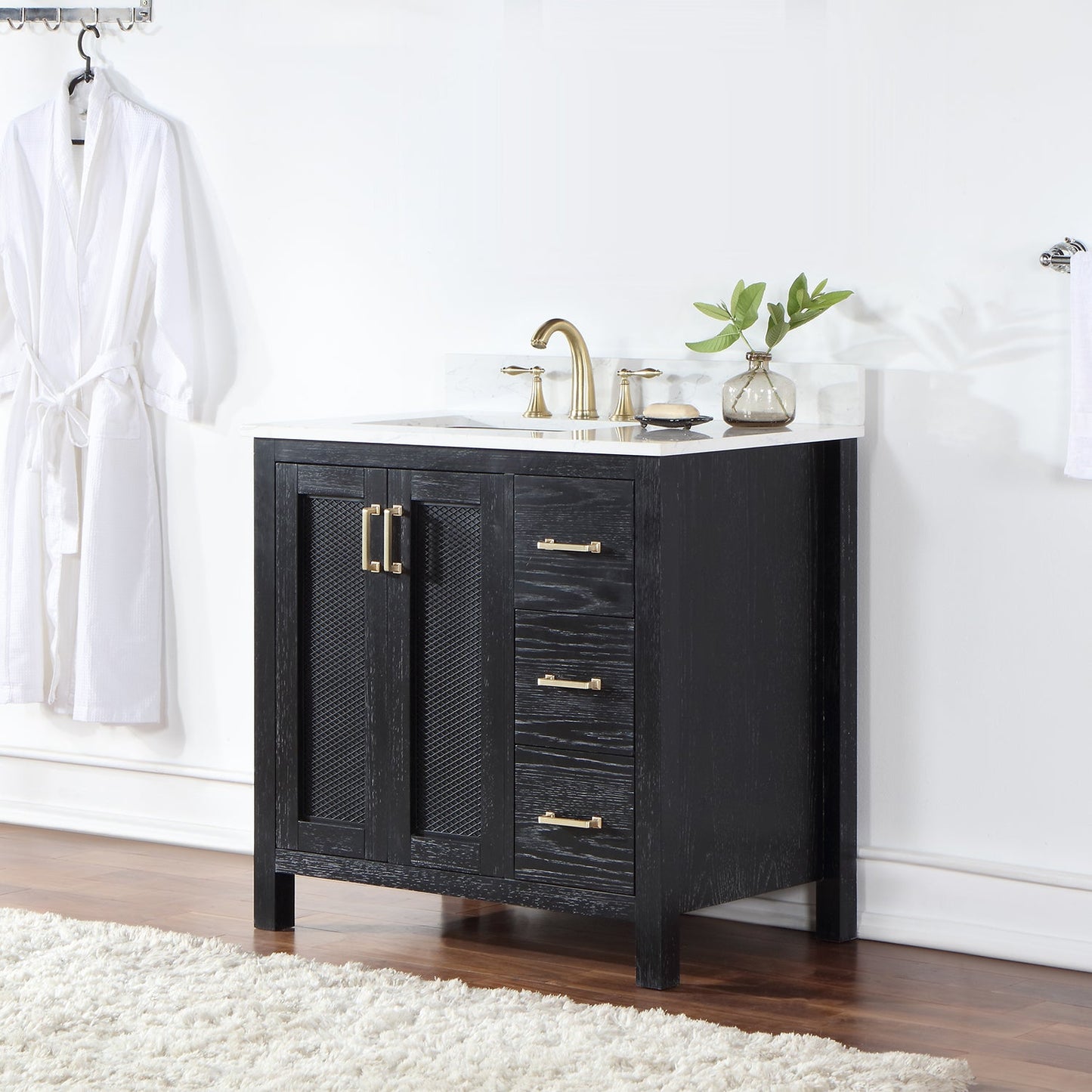 Hadiya 36" Single Bathroom Vanity Set in Black Oak with Aosta White Engineered Stone Countertop without Mirror