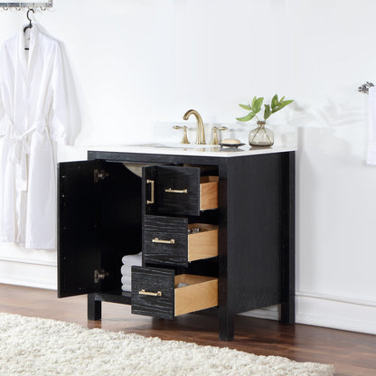 Hadiya 36" Single Bathroom Vanity Set in Black Oak with Aosta White Engineered Stone Countertop without Mirror