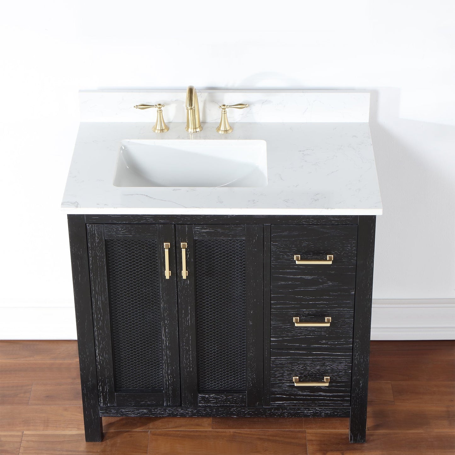 Hadiya 36" Single Bathroom Vanity Set in Black Oak with Aosta White Engineered Stone Countertop without Mirror