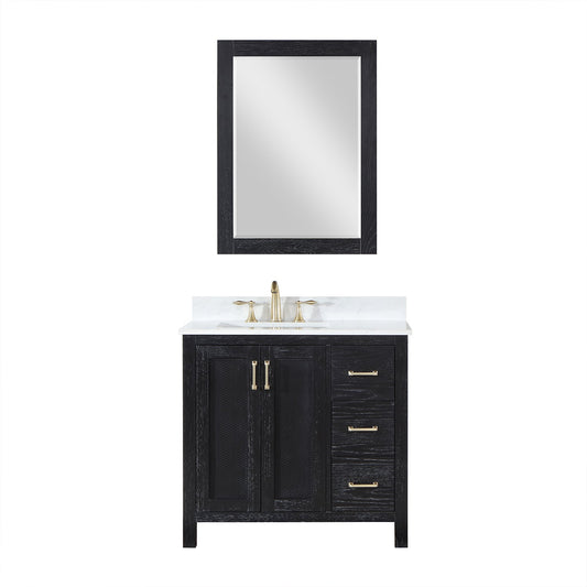 Hadiya 36" Single Bathroom Vanity Set in Black Oak with Aosta White Engineered Stone Countertop with Mirror