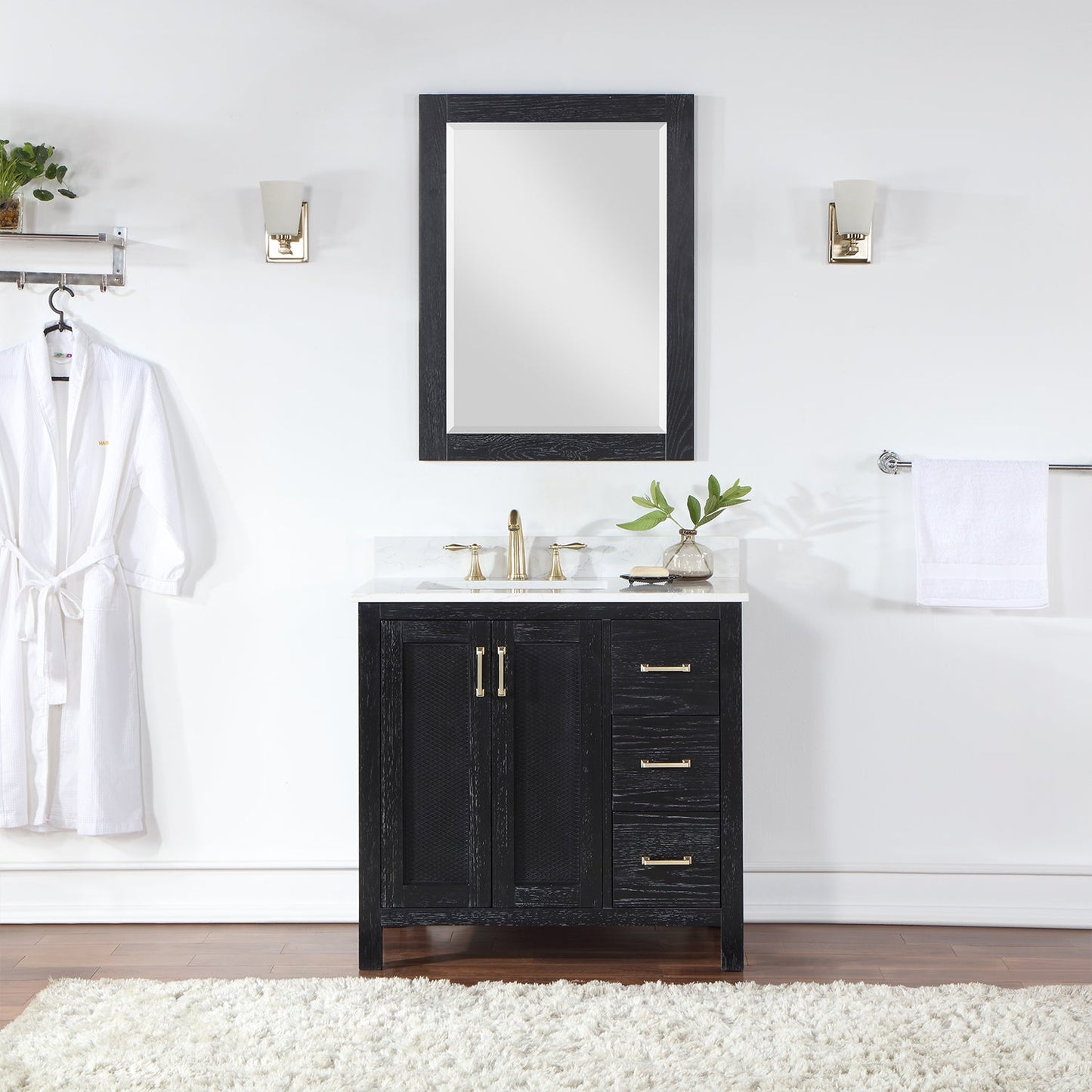 Hadiya 36" Single Bathroom Vanity Set in Black Oak with Aosta White Engineered Stone Countertop with Mirror
