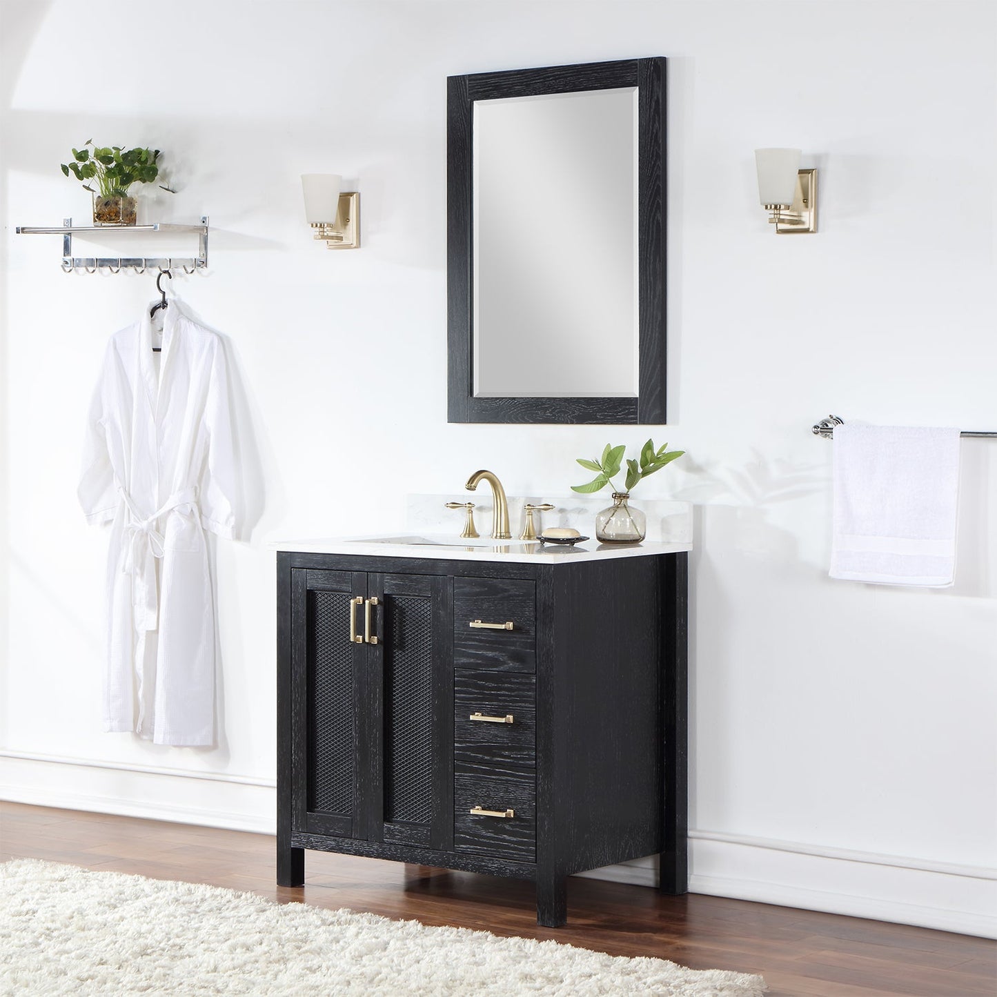 Hadiya 36" Single Bathroom Vanity Set in Black Oak with Aosta White Engineered Stone Countertop with Mirror
