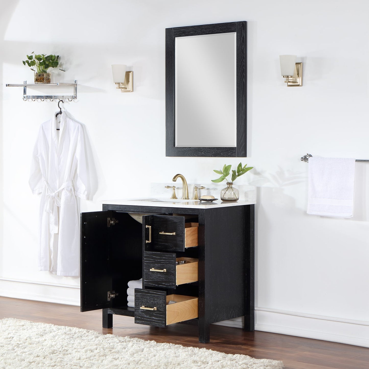 Hadiya 36" Single Bathroom Vanity Set in Black Oak with Aosta White Engineered Stone Countertop with Mirror