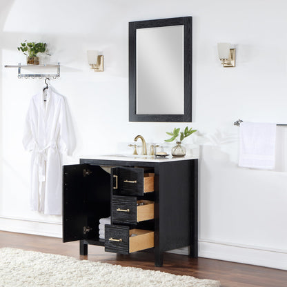 Hadiya 36" Single Bathroom Vanity Set in Black Oak with Aosta White Engineered Stone Countertop with Mirror