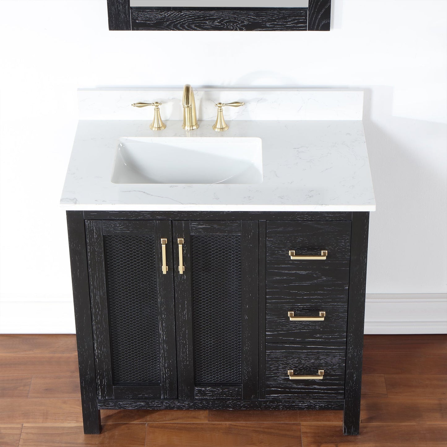 Hadiya 36" Single Bathroom Vanity Set in Black Oak with Aosta White Engineered Stone Countertop with Mirror