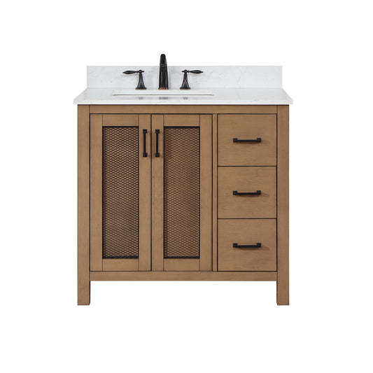 Hadiya 36" Single Bathroom Vanity Set in Brown Pine with Aosta White Engineered Stone Countertop without Mirror