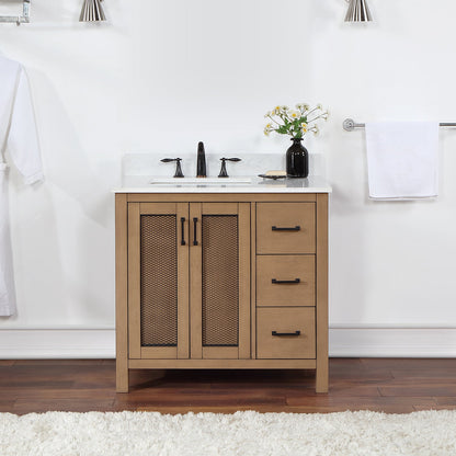 Hadiya 36" Single Bathroom Vanity Set in Brown Pine with Aosta White Engineered Stone Countertop without Mirror