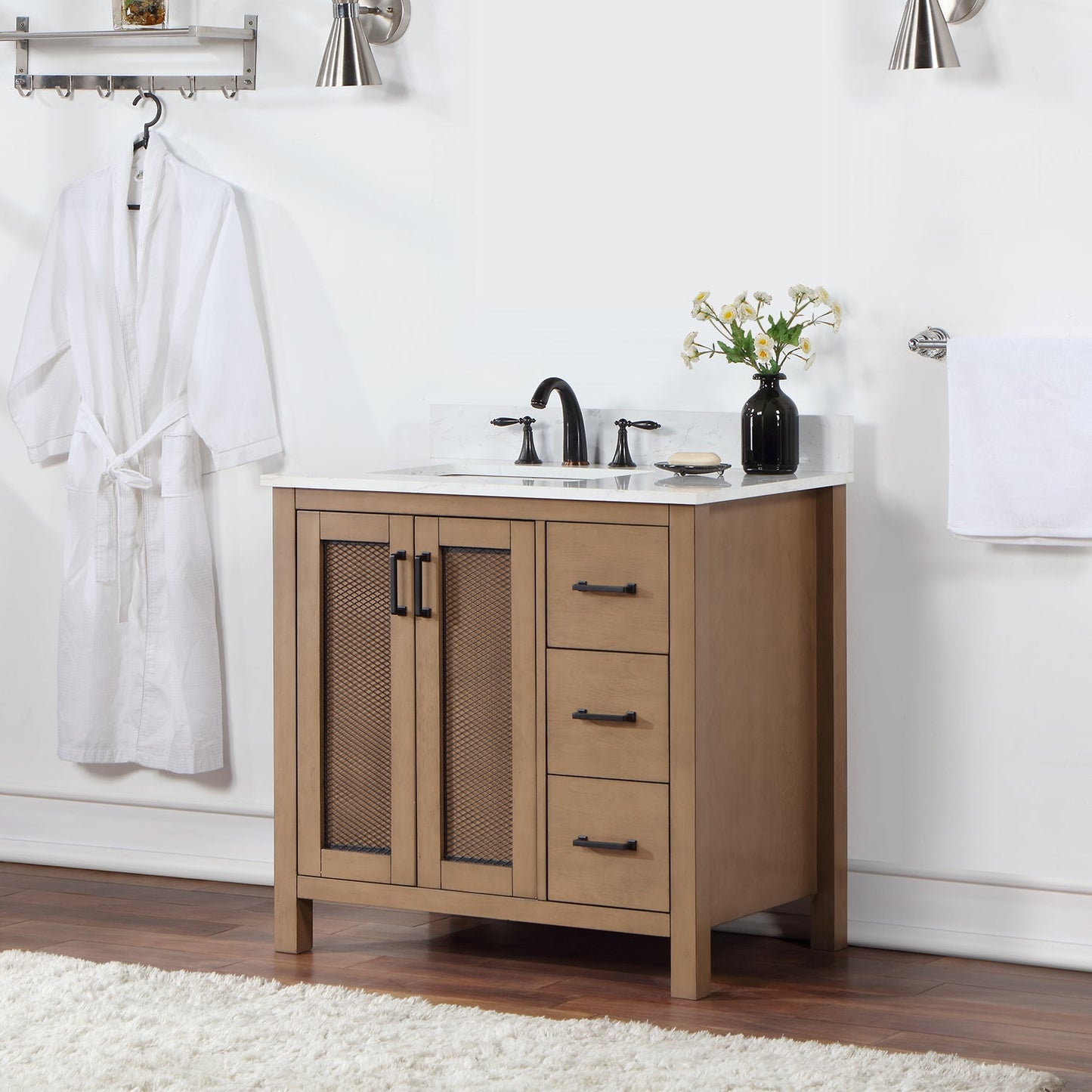 Hadiya 36" Single Bathroom Vanity Set in Brown Pine with Aosta White Engineered Stone Countertop without Mirror