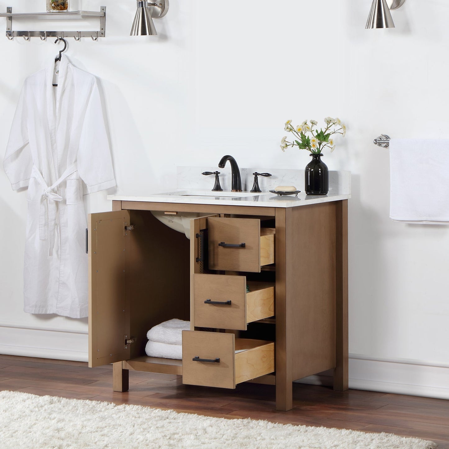 Hadiya 36" Single Bathroom Vanity Set in Brown Pine with Aosta White Engineered Stone Countertop without Mirror