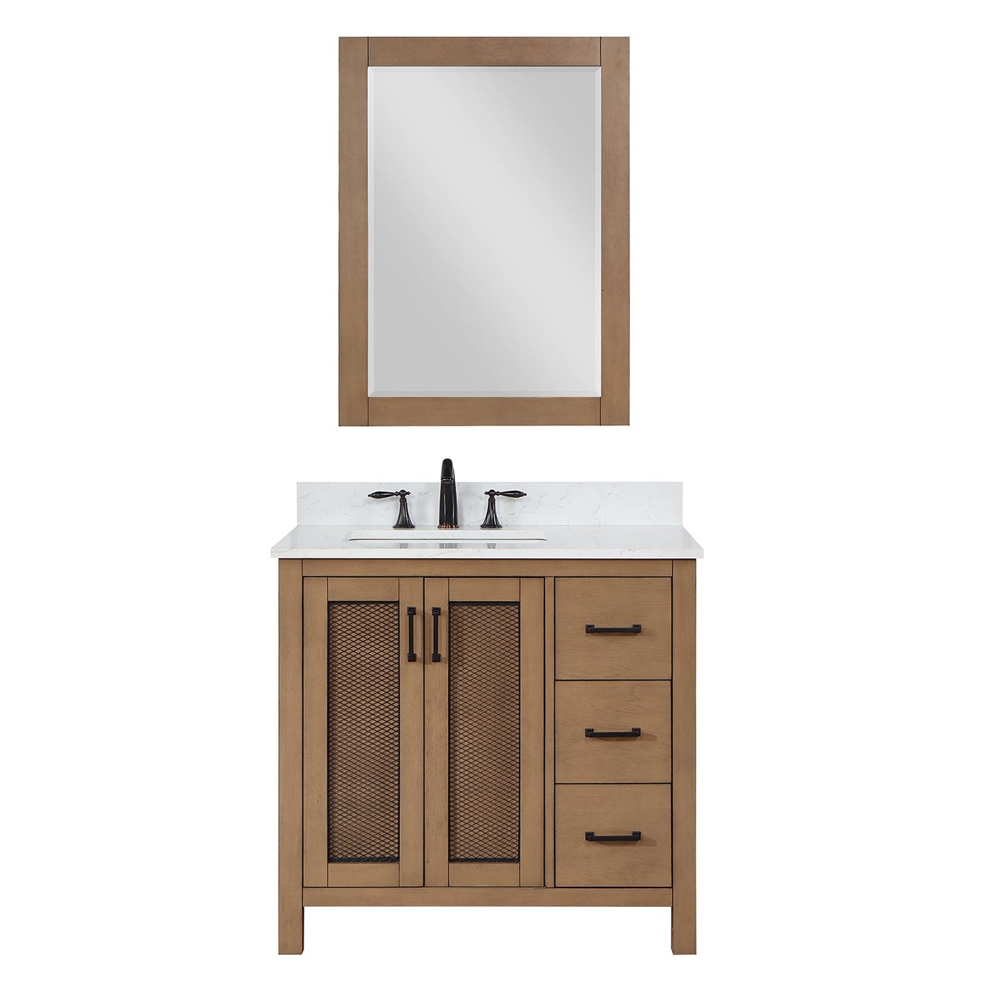 Hadiya 36" Single Bathroom Vanity Set in Brown Pine with Aosta White Engineered Stone Countertop with Mirror