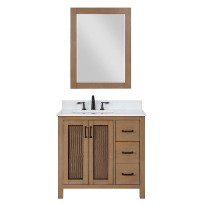 Hadiya 36" Single Bathroom Vanity Set in Brown Pine with Aosta White Engineered Stone Countertop with Mirror