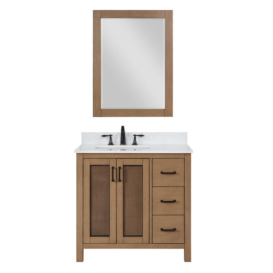 Hadiya 36" Single Bathroom Vanity Set in Brown Pine with Aosta White Engineered Stone Countertop with Mirror