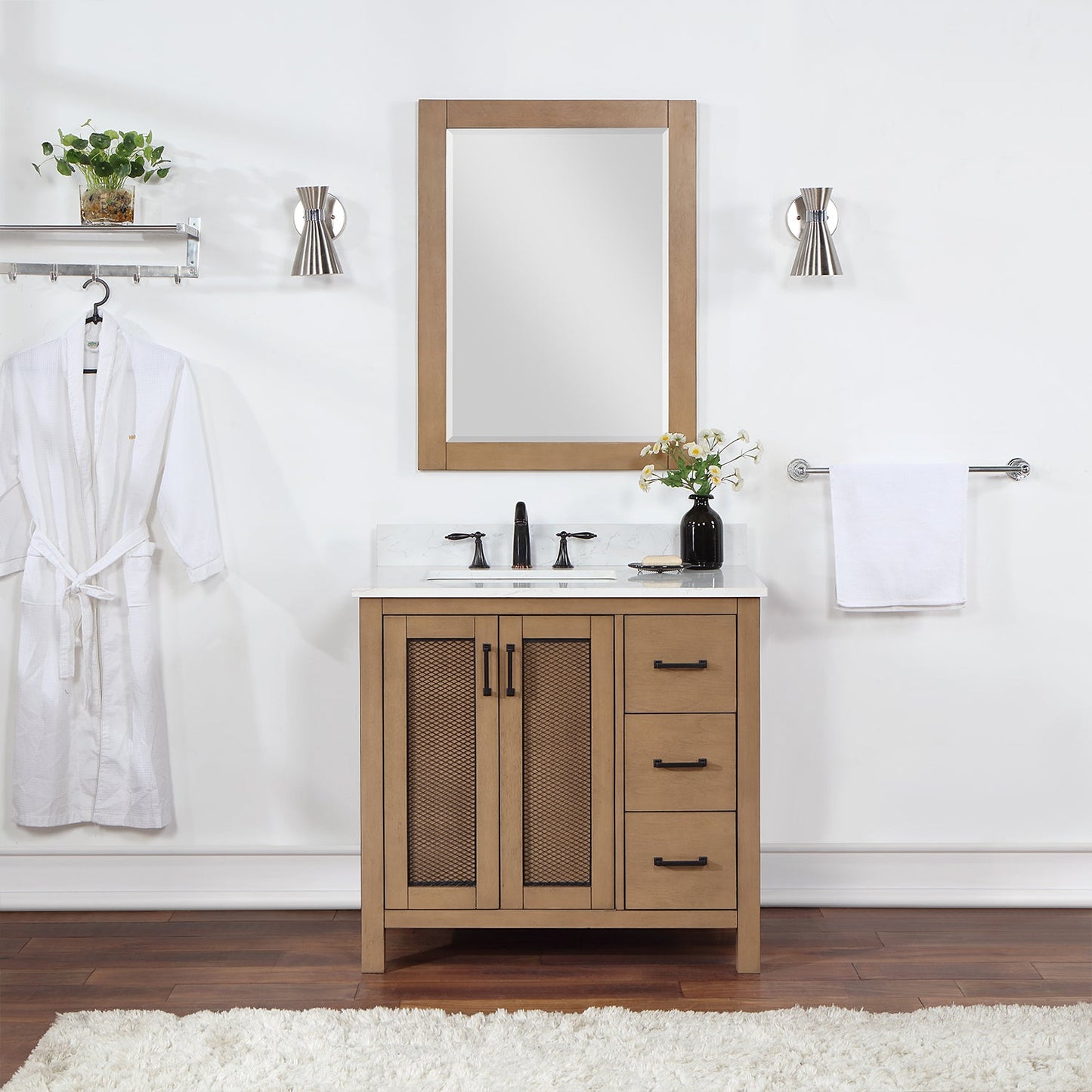 Hadiya 36" Single Bathroom Vanity Set in Brown Pine with Aosta White Engineered Stone Countertop with Mirror