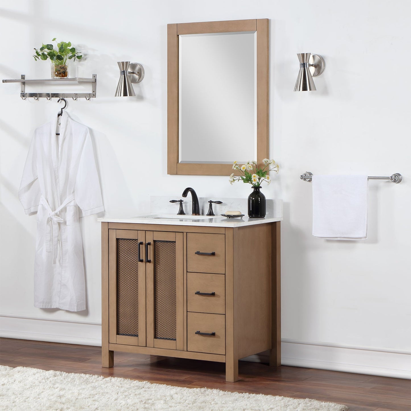 Hadiya 36" Single Bathroom Vanity Set in Brown Pine with Aosta White Engineered Stone Countertop with Mirror