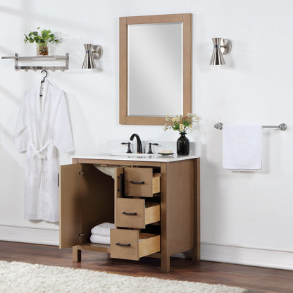 Hadiya 36" Single Bathroom Vanity Set in Brown Pine with Aosta White Engineered Stone Countertop with Mirror