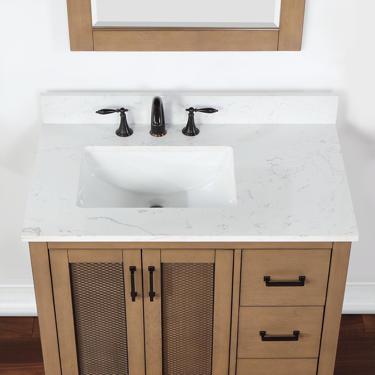 Hadiya 36" Single Bathroom Vanity Set in Brown Pine with Aosta White Engineered Stone Countertop with Mirror