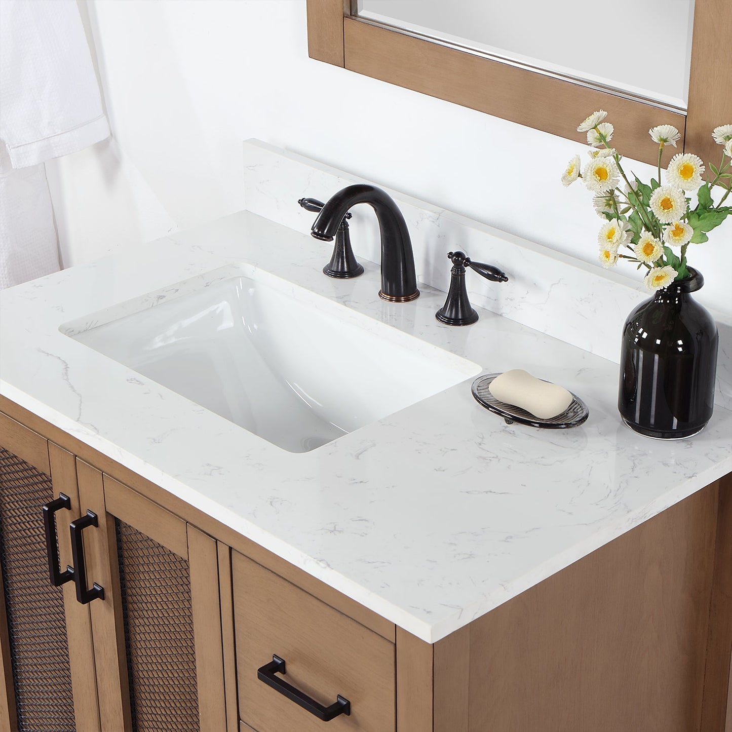 Hadiya 36" Single Bathroom Vanity Set in Brown Pine with Aosta White Engineered Stone Countertop with Mirror