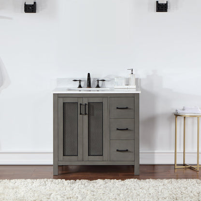 Hadiya 36" Single Bathroom Vanity Set in Gray Pine with Aosta White Engineered Stone Countertop without Mirror