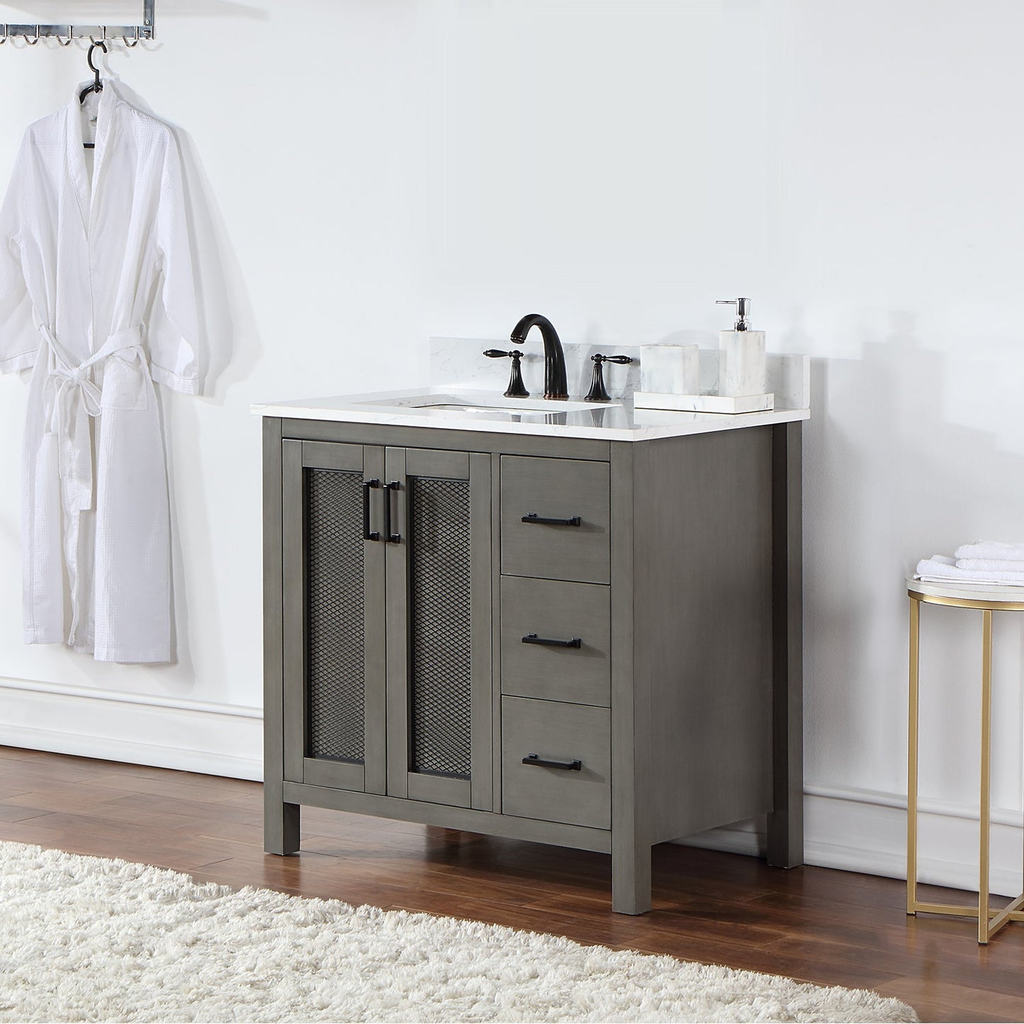 Hadiya 36" Single Bathroom Vanity Set in Gray Pine with Aosta White Engineered Stone Countertop without Mirror