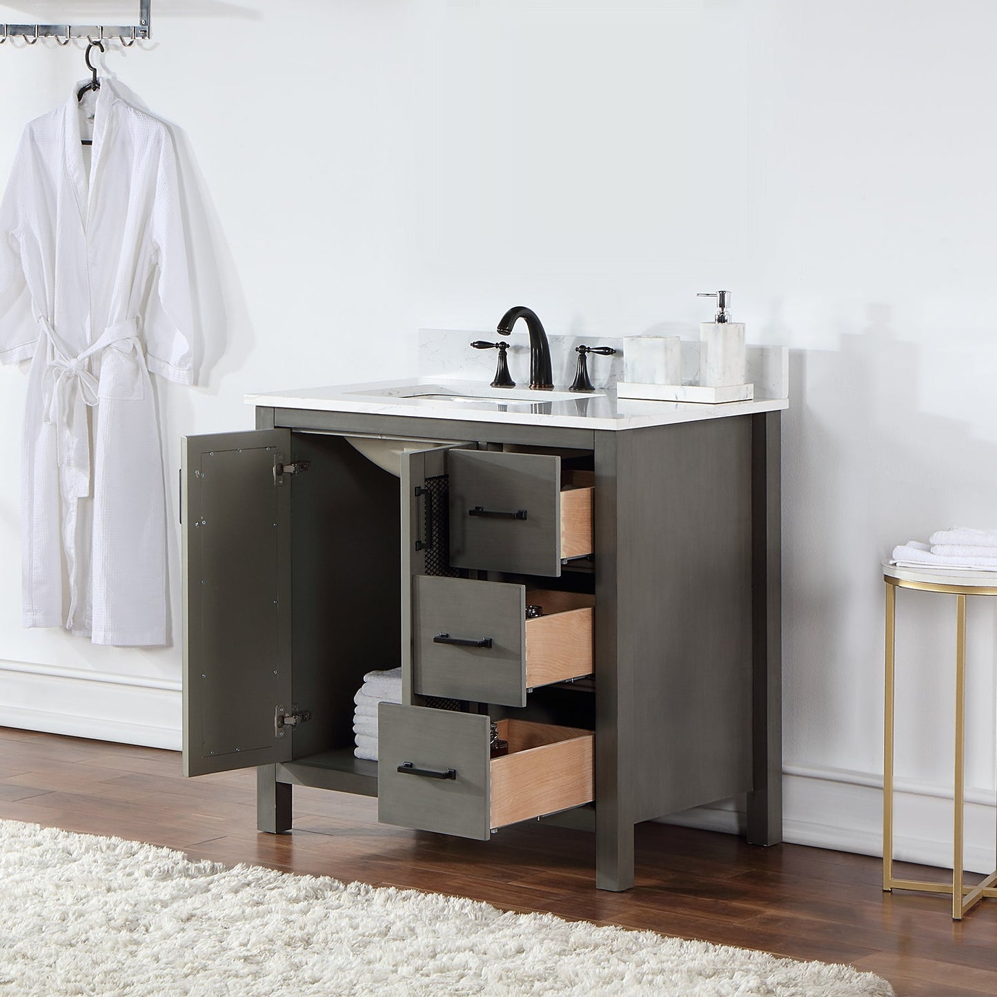 Hadiya 36" Single Bathroom Vanity Set in Gray Pine with Aosta White Engineered Stone Countertop without Mirror