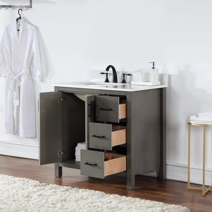 Hadiya 36" Single Bathroom Vanity Set in Gray Pine with Aosta White Engineered Stone Countertop without Mirror
