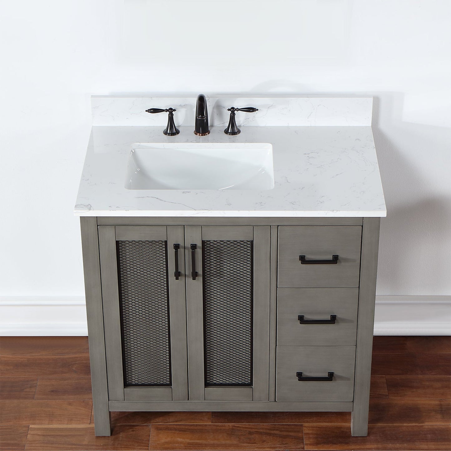 Hadiya 36" Single Bathroom Vanity Set in Gray Pine with Aosta White Engineered Stone Countertop without Mirror