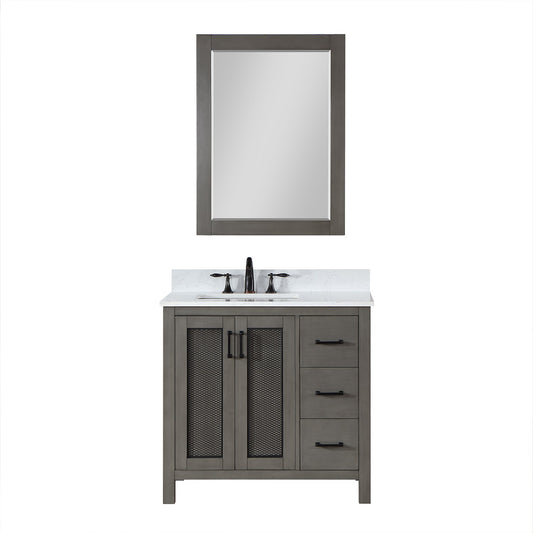 Hadiya 36" Single Bathroom Vanity Set in Gray Pine with Aosta White Engineered Stone Countertop with Mirror