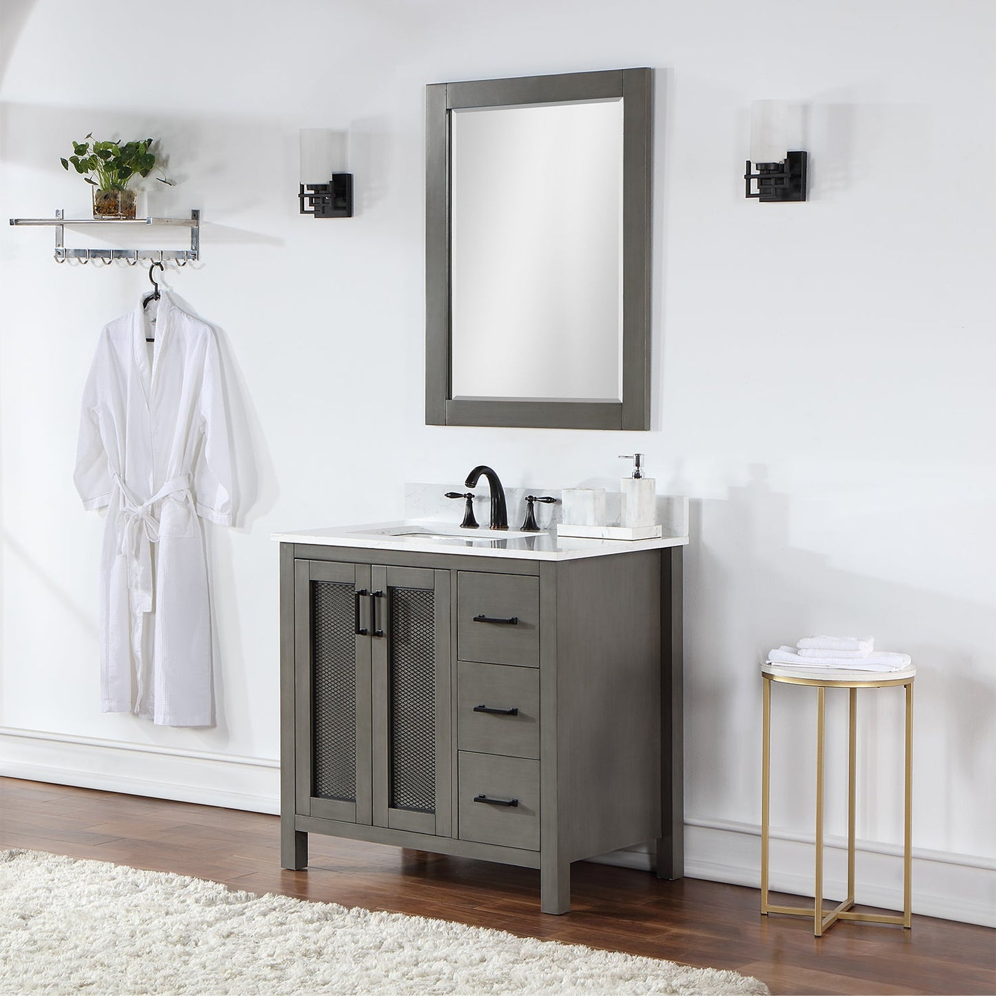 Hadiya 36" Single Bathroom Vanity Set in Gray Pine with Aosta White Engineered Stone Countertop with Mirror