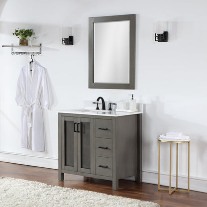 Hadiya 36" Single Bathroom Vanity Set in Gray Pine with Aosta White Engineered Stone Countertop with Mirror