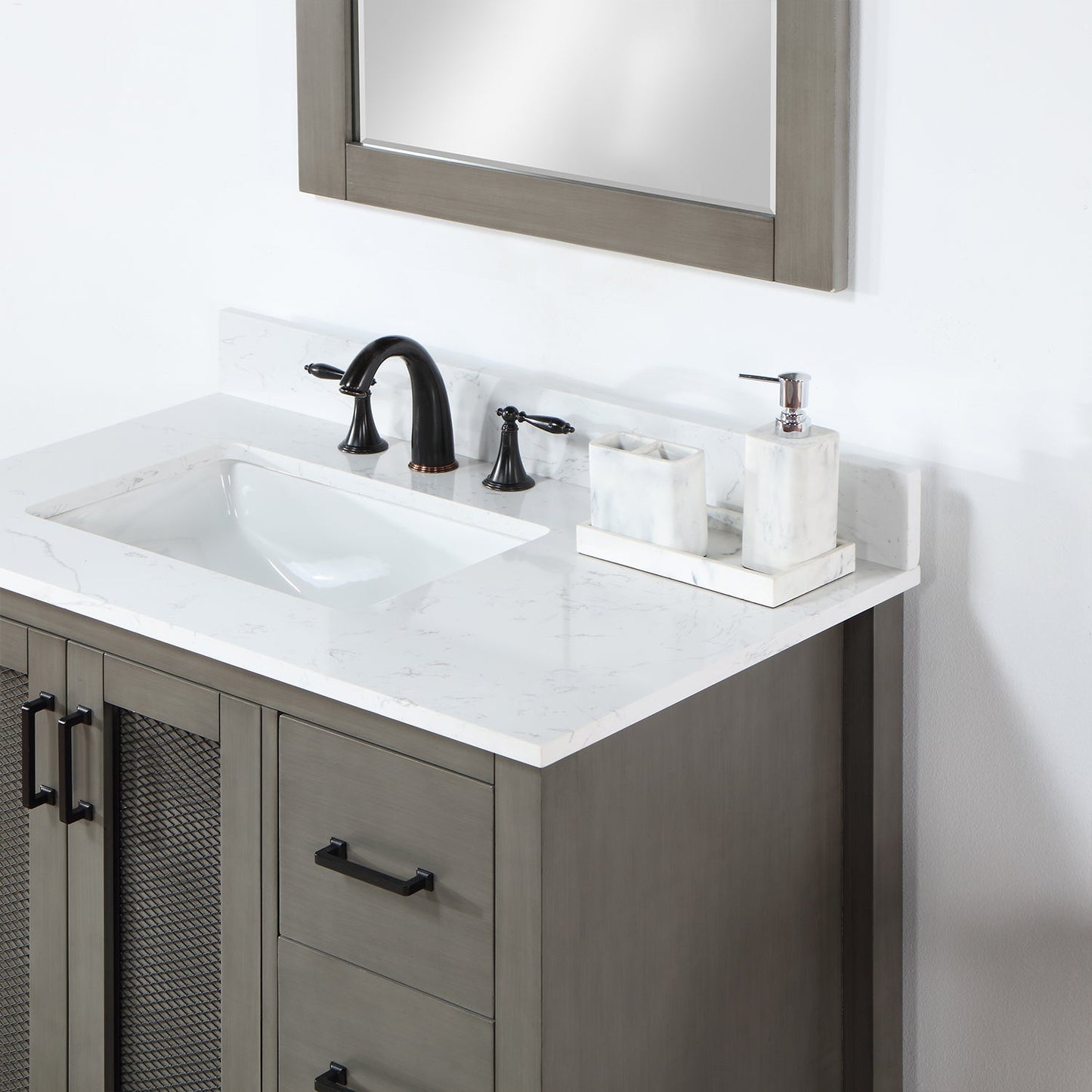 Hadiya 36" Single Bathroom Vanity Set in Gray Pine with Aosta White Engineered Stone Countertop with Mirror