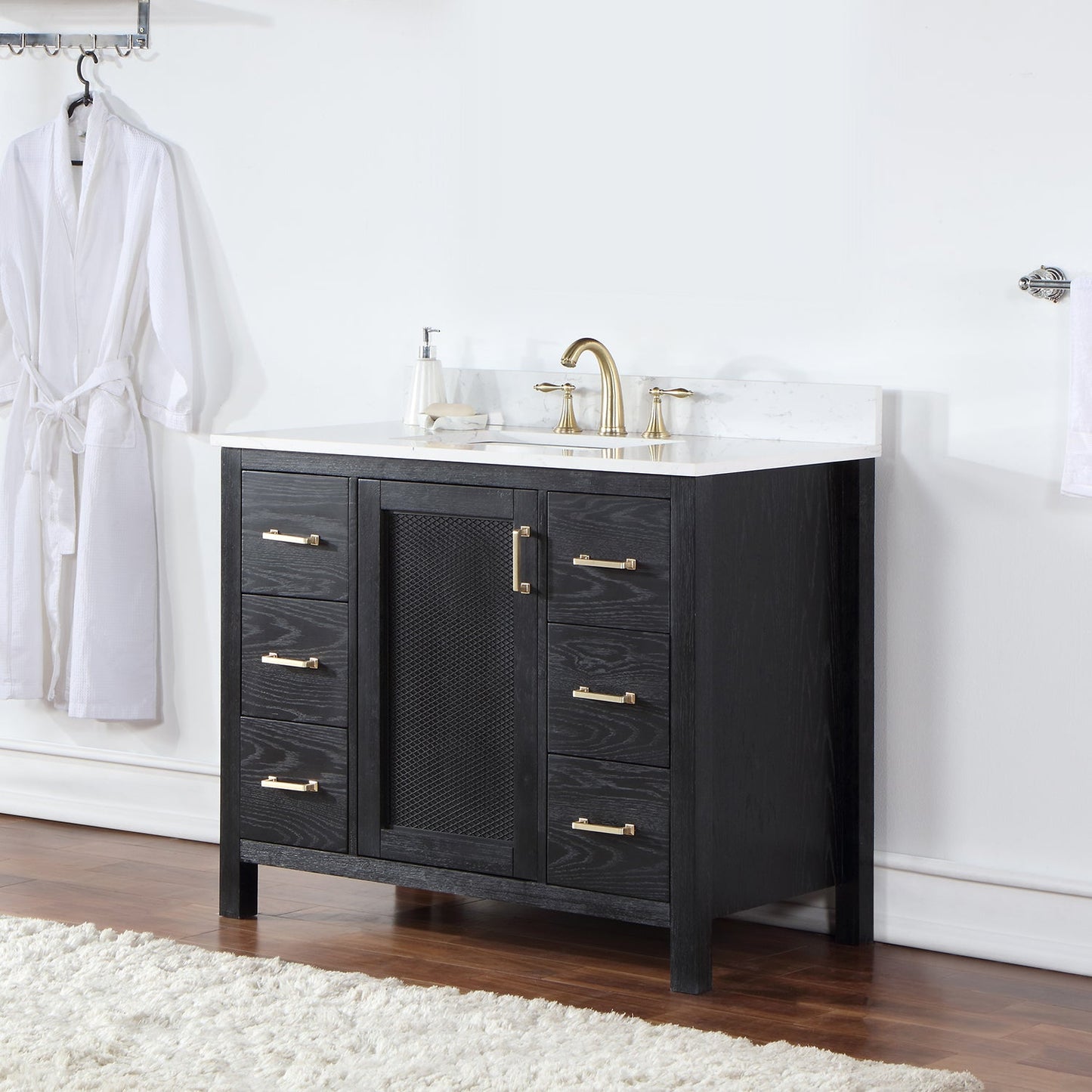 Hadiya 42" Single Bathroom Vanity Set in Black Oak with Aosta White Engineered Stone Countertop without Mirror