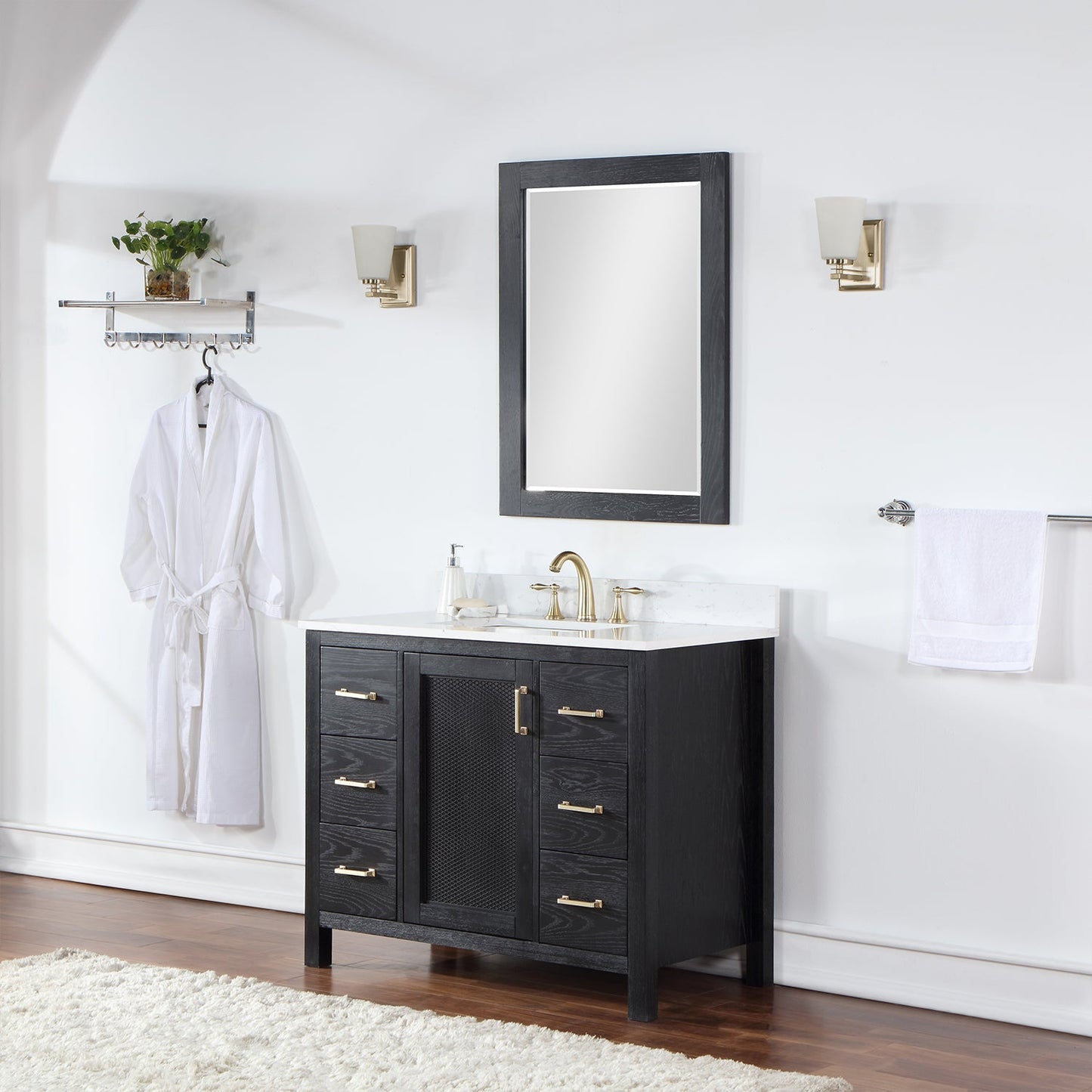 Hadiya 42" Single Bathroom Vanity Set in Black Oak with Aosta White Engineered Stone Countertop with Mirror