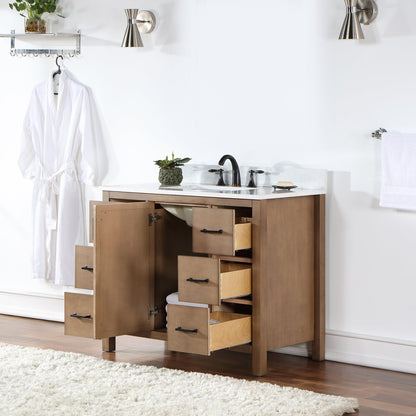 Hadiya 42" Single Bathroom Vanity Set in Brown Pine with Aosta White Engineered Stone Countertop without Mirror