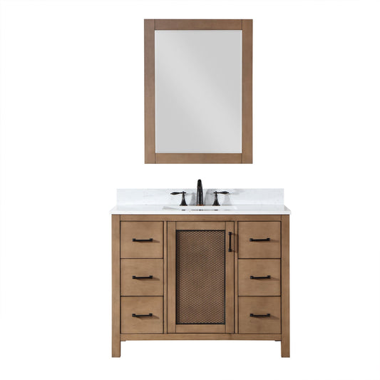 Hadiya 42" Single Bathroom Vanity Set in Brown Pine with Aosta White Engineered Stone Countertop with Mirror
