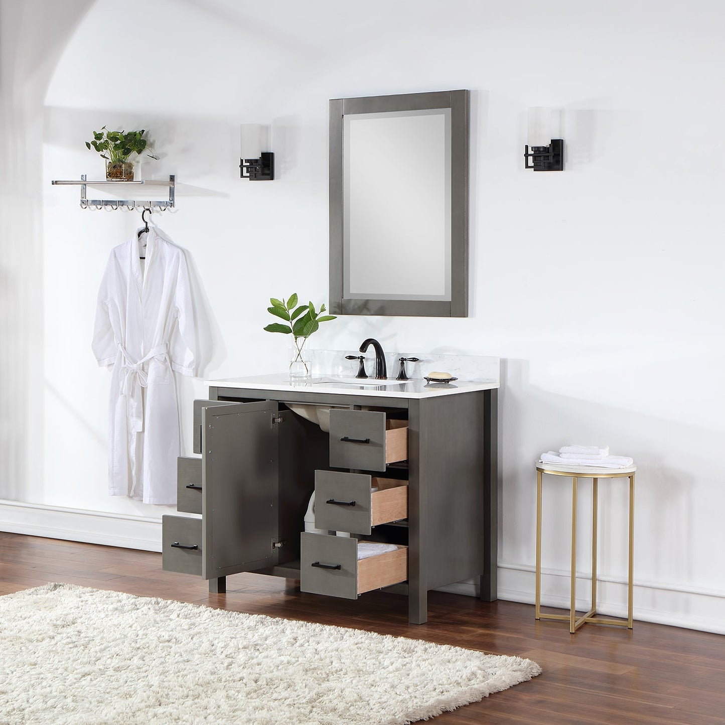 Hadiya 42" Single Bathroom Vanity Set in Gray Pine with Aosta White Engineered Stone Countertop with Mirror