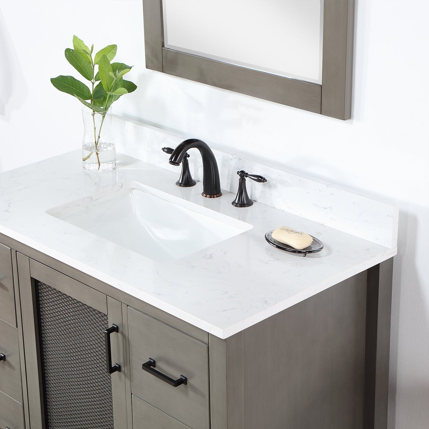 Hadiya 42" Single Bathroom Vanity Set in Gray Pine with Aosta White Engineered Stone Countertop with Mirror