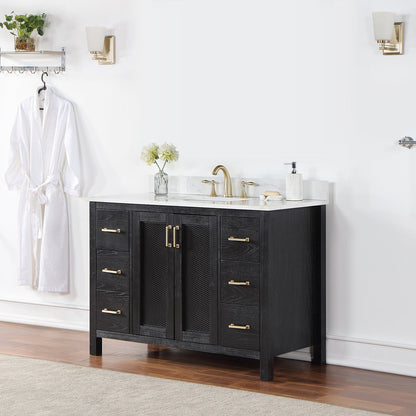 Hadiya 48" Single Bathroom Vanity Set in Black Oak with Aosta White Engineered Stone Countertop without Mirror
