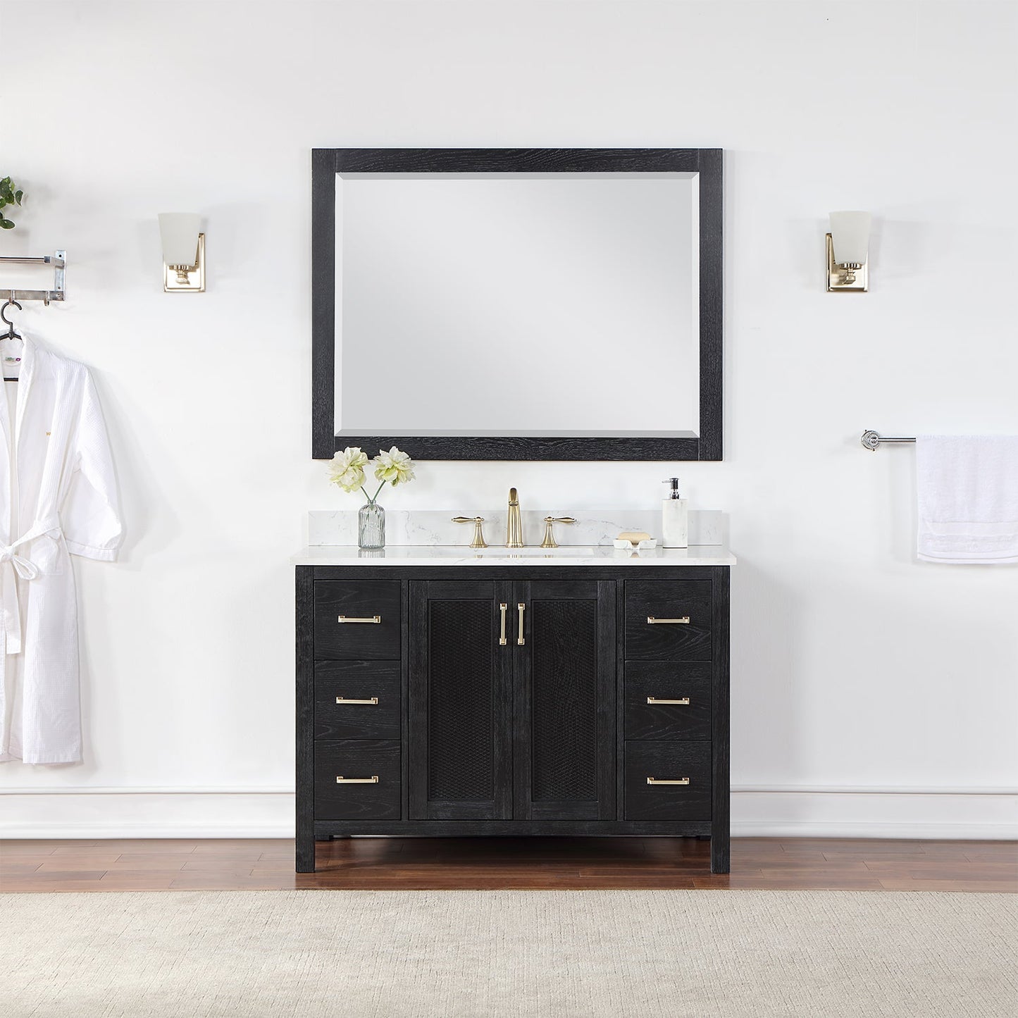 Hadiya 48" Single Bathroom Vanity Set in Black Oak with Aosta White Engineered Stone Countertop with Mirror