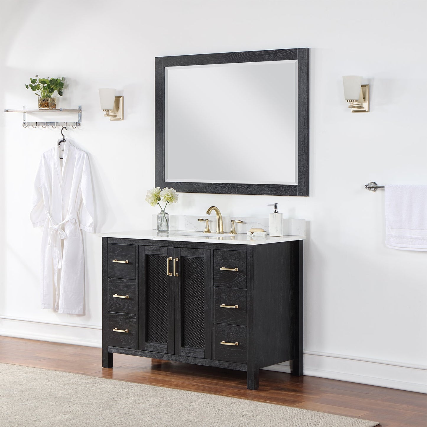 Hadiya 48" Single Bathroom Vanity Set in Black Oak with Aosta White Engineered Stone Countertop with Mirror