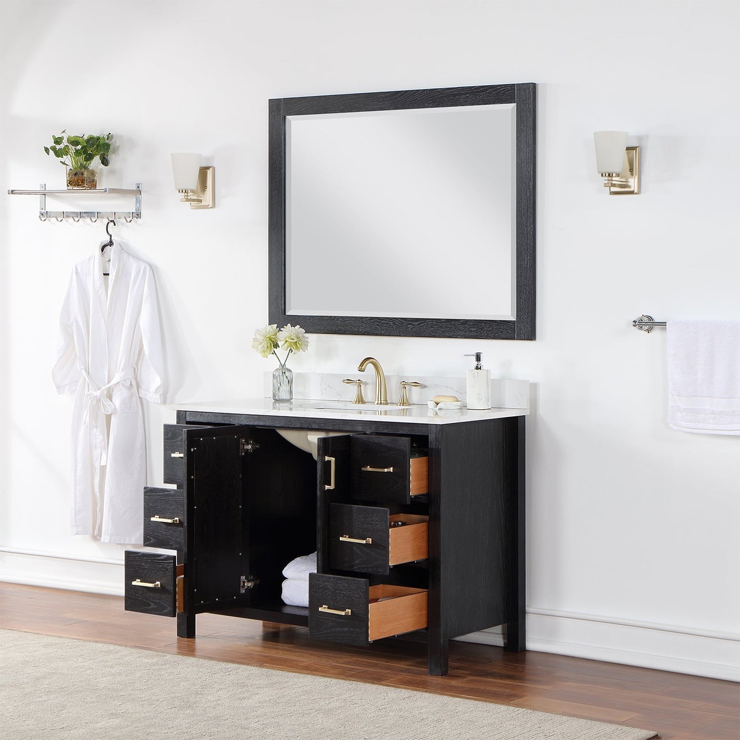 Hadiya 48" Single Bathroom Vanity Set in Black Oak with Aosta White Engineered Stone Countertop with Mirror