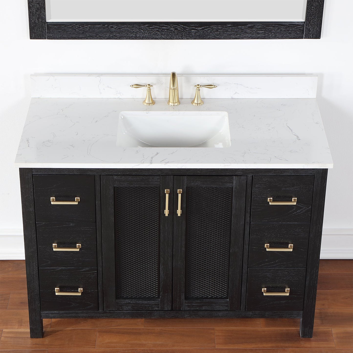 Hadiya 48" Single Bathroom Vanity Set in Black Oak with Aosta White Engineered Stone Countertop with Mirror