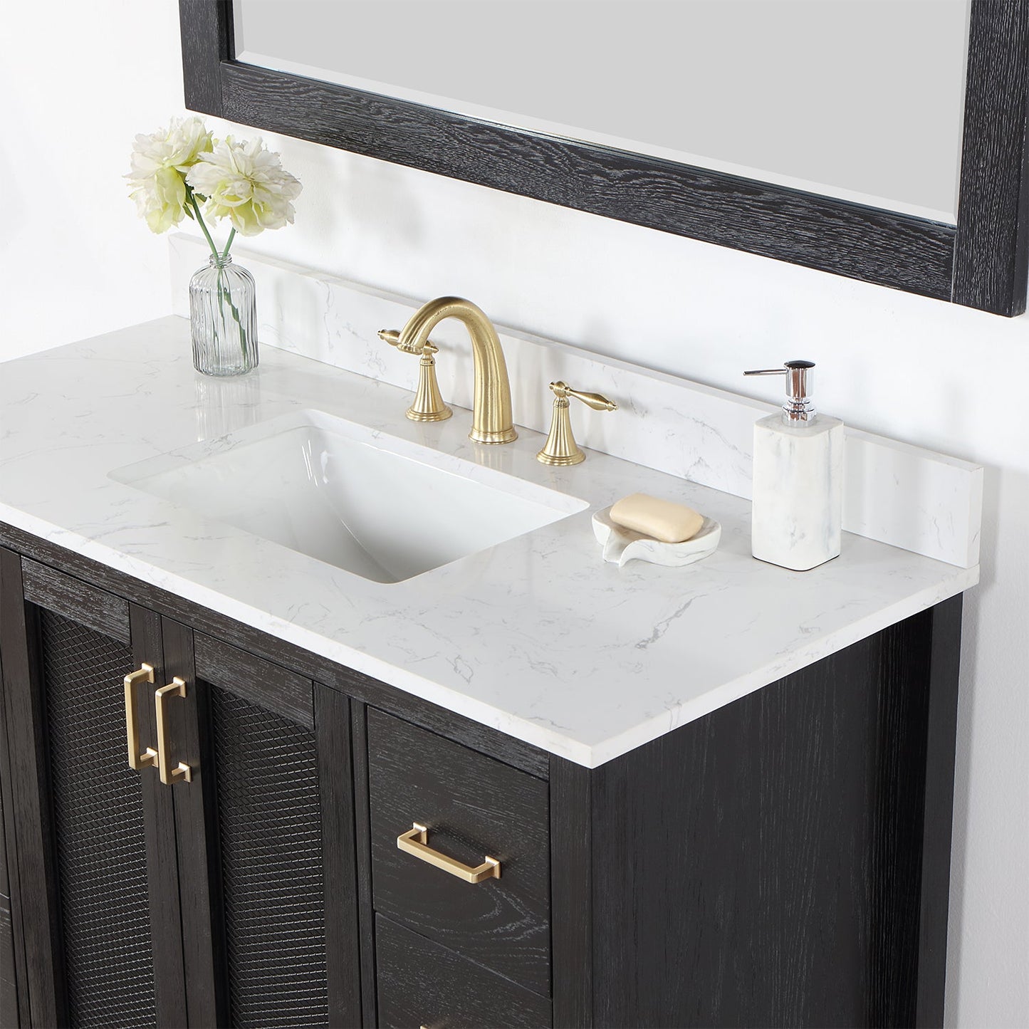 Hadiya 48" Single Bathroom Vanity Set in Black Oak with Aosta White Engineered Stone Countertop with Mirror