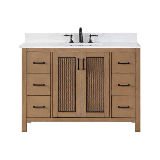 Hadiya 48" Single Bathroom Vanity Set in Brown Pine with Aosta White Engineered Stone Countertop without Mirror