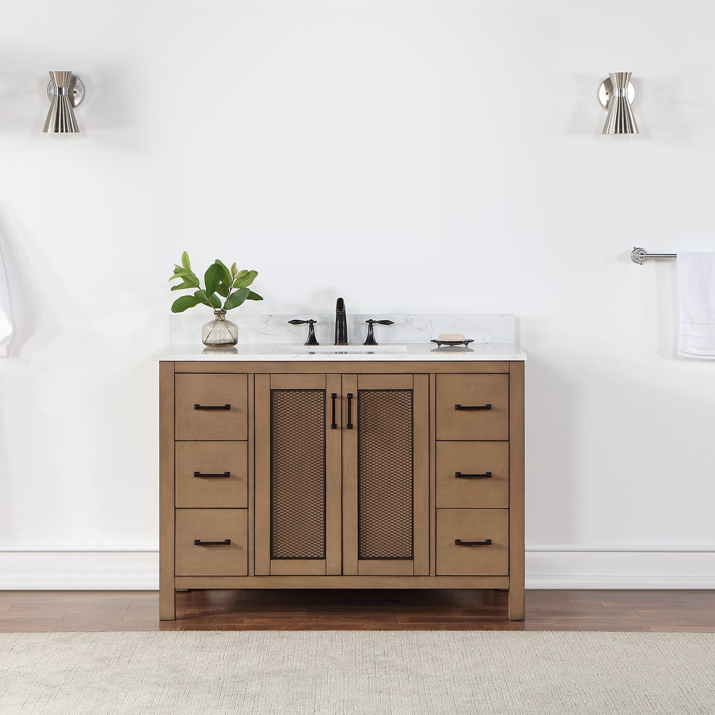 Hadiya 48" Single Bathroom Vanity Set in Brown Pine with Aosta White Engineered Stone Countertop without Mirror