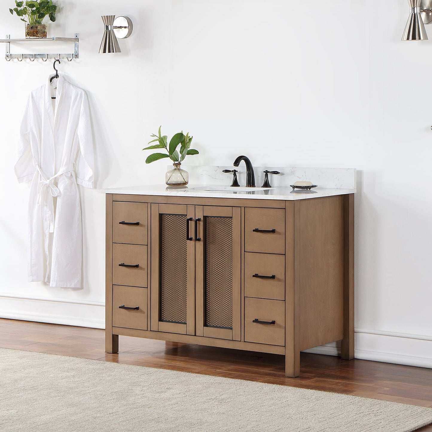 Hadiya 48" Single Bathroom Vanity Set in Brown Pine with Aosta White Engineered Stone Countertop without Mirror