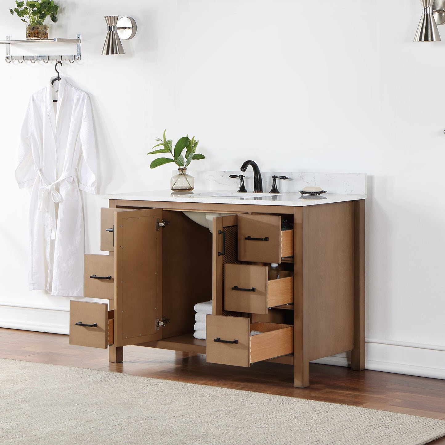 Hadiya 48" Single Bathroom Vanity Set in Brown Pine with Aosta White Engineered Stone Countertop without Mirror