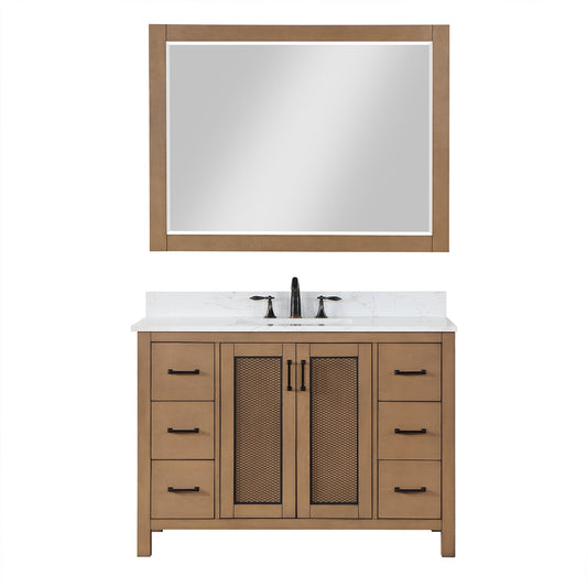 Hadiya 48" Single Bathroom Vanity Set in Brown Pine with Aosta White Engineered Stone Countertop with Mirror