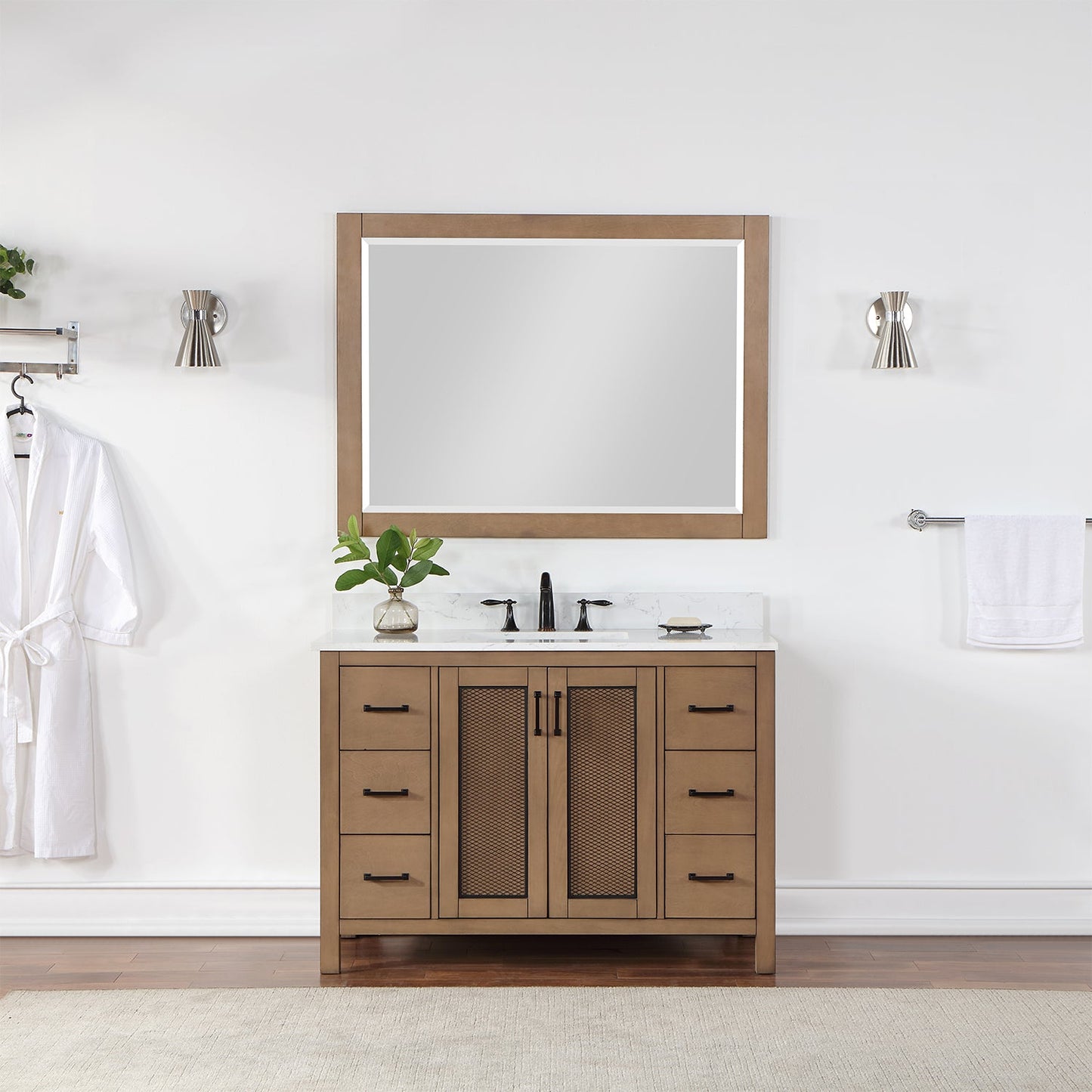 Hadiya 48" Single Bathroom Vanity Set in Brown Pine with Aosta White Engineered Stone Countertop with Mirror